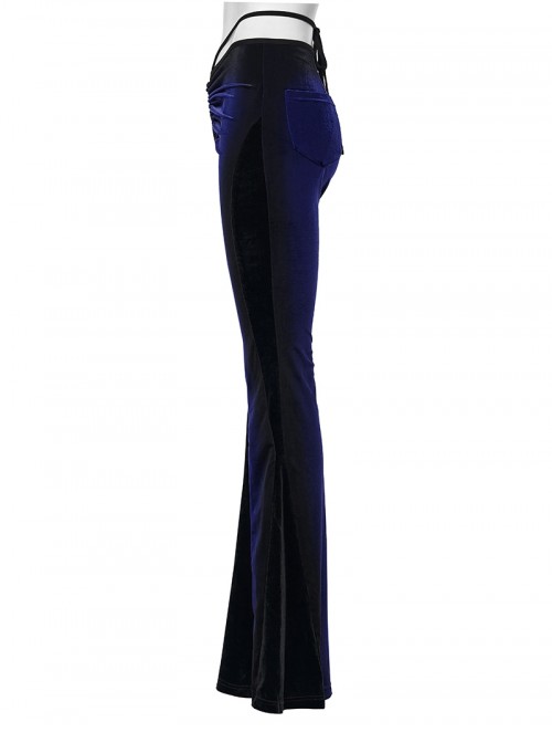 Elegant Blue Gradient Stitching Sexy Waist Straps Pleated Design Gothic Slim Flared Pants