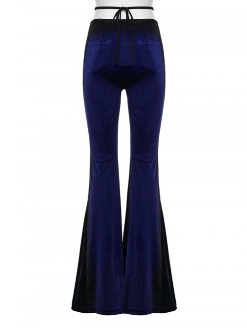 Elegant Blue Gradient Stitching Sexy Waist Straps Pleated Design Gothic Slim Flared Pants