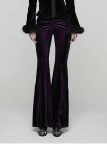 Retro Purple Velvet Gradient Stitching Design Sexy Waist Straps Pleated Gothic Style Slim Flared Pants