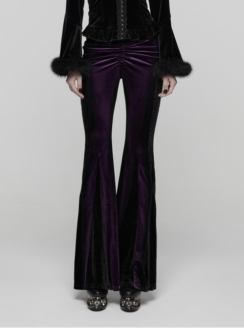 Retro Purple Velvet Gradient Stitching Design Sexy Waist Straps Pleated Gothic Style Slim Flared Pants