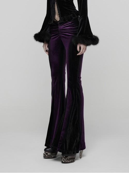 Retro Purple Velvet Gradient Stitching Design Sexy Waist Straps Pleated Gothic Style Slim Flared Pants