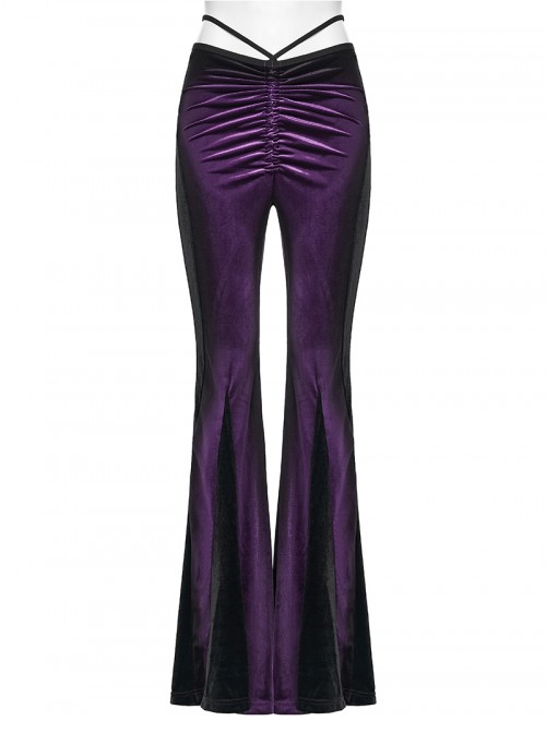 Retro Purple Velvet Gradient Stitching Design Sexy Waist Straps Pleated Gothic Style Slim Flared Pants