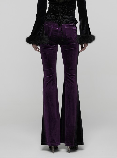Retro Purple Velvet Gradient Stitching Design Sexy Waist Straps Pleated Gothic Style Slim Flared Pants