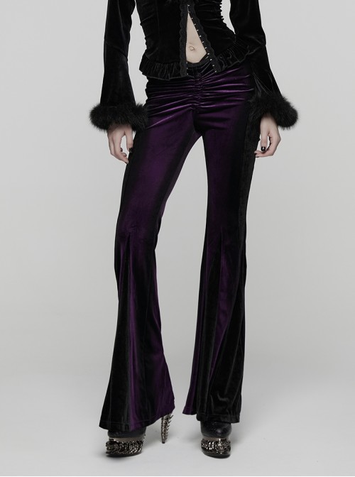 Retro Purple Velvet Gradient Stitching Design Sexy Waist Straps Pleated Gothic Style Slim Flared Pants