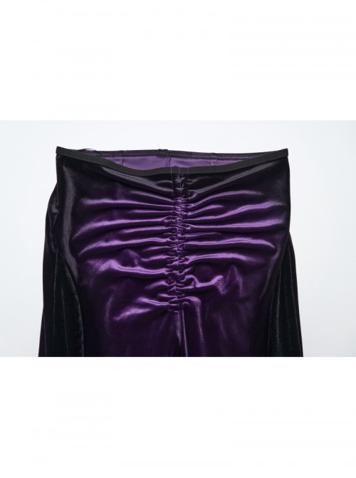 Retro Purple Velvet Gradient Stitching Design Sexy Waist Straps Pleated Gothic Style Slim Flared Pants