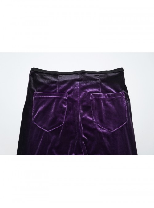 Retro Purple Velvet Gradient Stitching Design Sexy Waist Straps Pleated Gothic Style Slim Flared Pants
