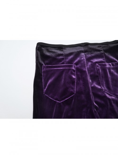 Retro Purple Velvet Gradient Stitching Design Sexy Waist Straps Pleated Gothic Style Slim Flared Pants