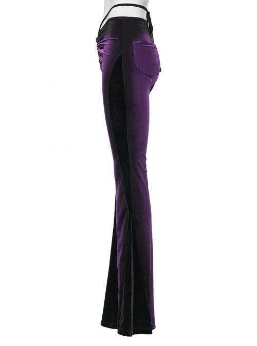 Retro Purple Velvet Gradient Stitching Design Sexy Waist Straps Pleated Gothic Style Slim Flared Pants