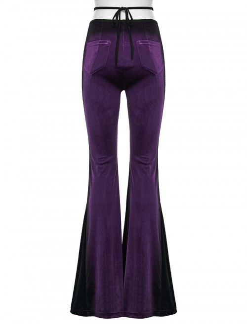 Retro Purple Velvet Gradient Stitching Design Sexy Waist Straps Pleated Gothic Style Slim Flared Pants