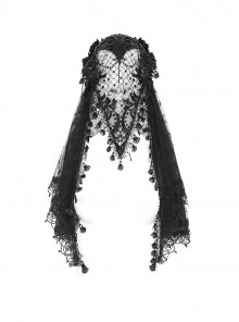 Retro Gorgeous Black Lace Mesh Spliced Elegant Beaded Decoration Gothic Style Exquisite Veil