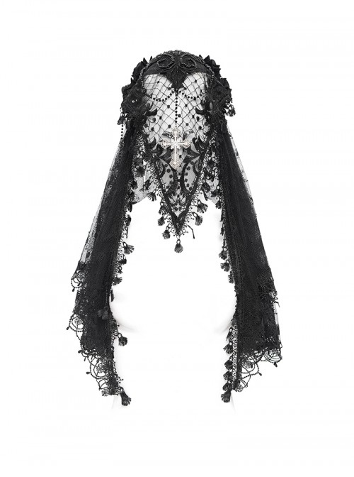 Retro Gorgeous Black Lace Mesh Spliced Elegant Beaded Decoration Gothic Style Exquisite Veil