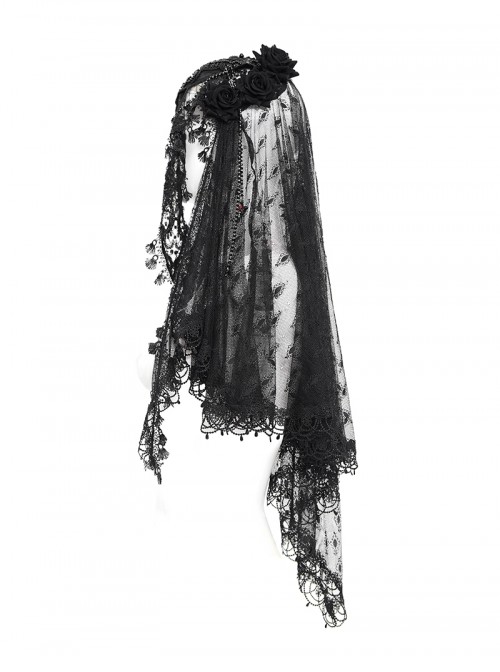 Retro Gorgeous Black Lace Mesh Spliced Elegant Beaded Decoration Gothic Style Exquisite Veil