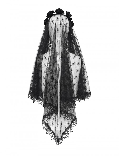 Retro Gorgeous Black Lace Mesh Spliced Elegant Beaded Decoration Gothic Style Exquisite Veil