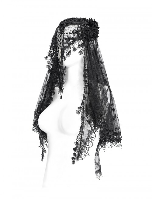 Retro Gorgeous Black Lace Mesh Spliced Elegant Beaded Decoration Gothic Style Exquisite Veil