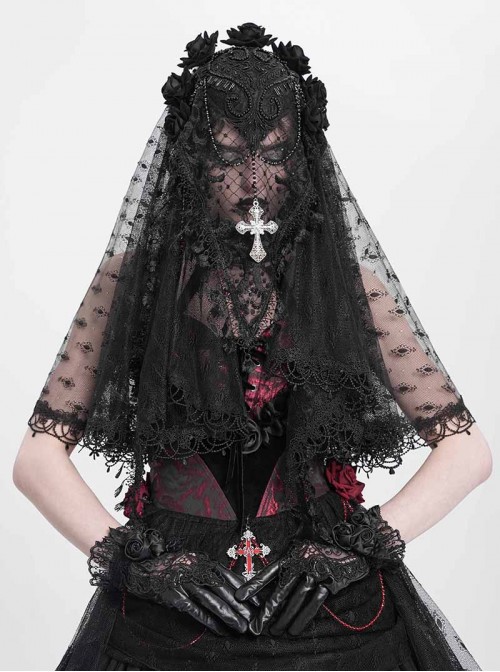 Retro Gorgeous Black Lace Mesh Spliced Elegant Beaded Decoration Gothic Style Exquisite Veil