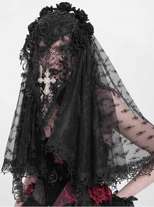Retro Gorgeous Black Lace Mesh Spliced Elegant Beaded Decoration Gothic Style Exquisite Veil
