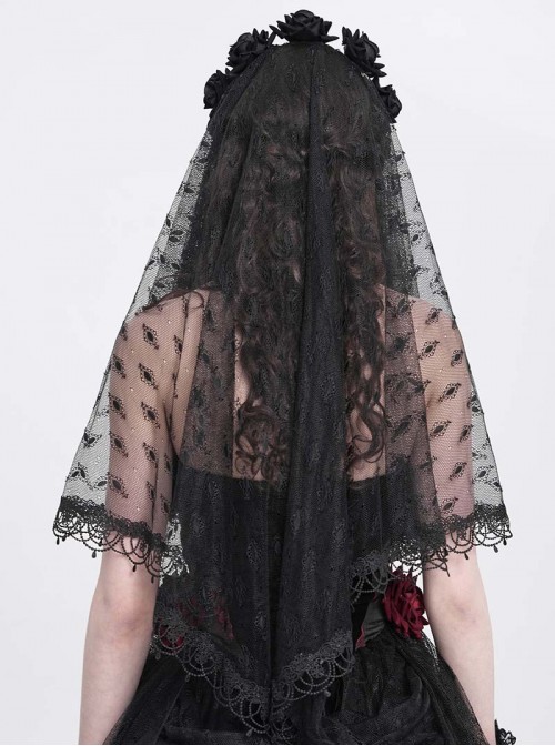Retro Gorgeous Black Lace Mesh Spliced Elegant Beaded Decoration Gothic Style Exquisite Veil