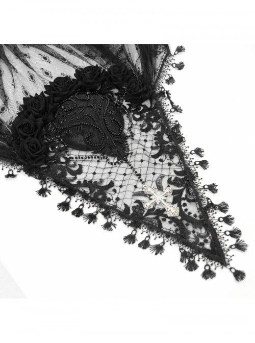 Retro Gorgeous Black Lace Mesh Spliced Elegant Beaded Decoration Gothic Style Exquisite Veil