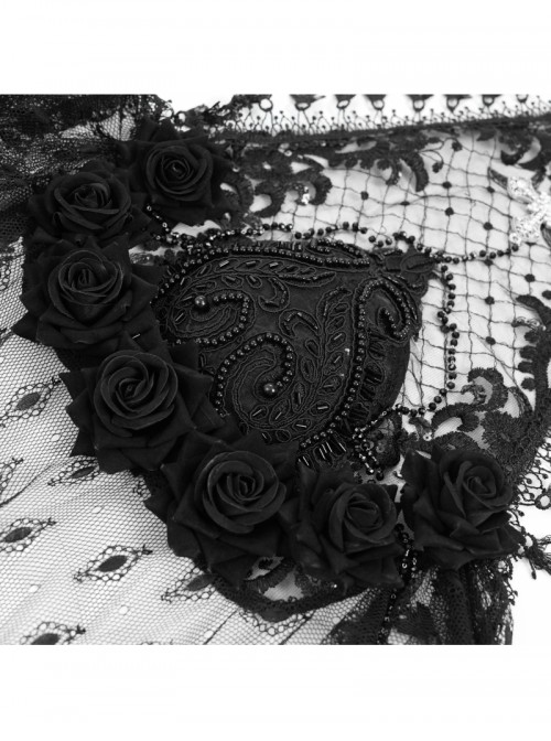 Retro Gorgeous Black Lace Mesh Spliced Elegant Beaded Decoration Gothic Style Exquisite Veil
