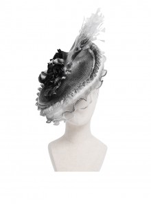 Vintage Elegant Gray Lace Ruffle Beaded Decoration Exquisite Three Dimensional Rose Gorgeous Gothic Style Hat