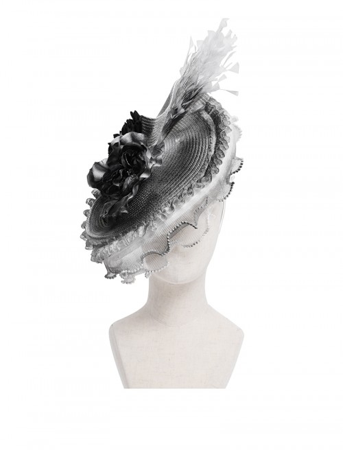 Vintage Elegant Gray Lace Ruffle Beaded Decoration Exquisite Three Dimensional Rose Gorgeous Gothic Style Hat