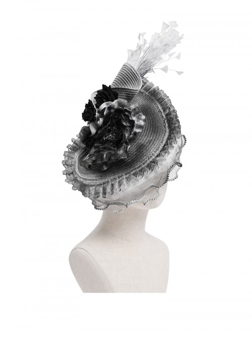 Vintage Elegant Gray Lace Ruffle Beaded Decoration Exquisite Three Dimensional Rose Gorgeous Gothic Style Hat
