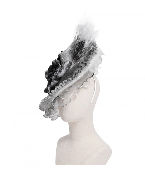 Vintage Elegant Gray Lace Ruffle Beaded Decoration Exquisite Three Dimensional Rose Gorgeous Gothic Style Hat