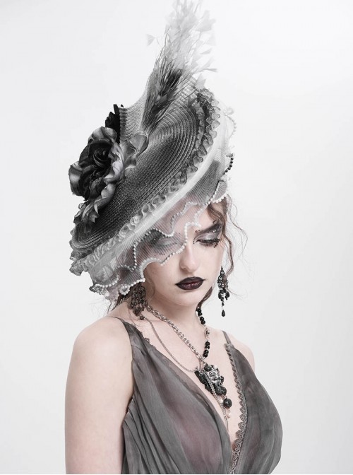 Vintage Elegant Gray Lace Ruffle Beaded Decoration Exquisite Three Dimensional Rose Gorgeous Gothic Style Hat