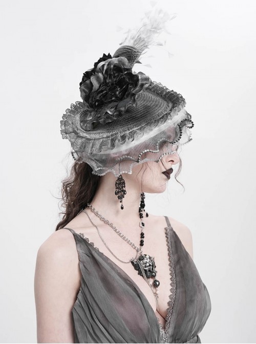 Vintage Elegant Gray Lace Ruffle Beaded Decoration Exquisite Three Dimensional Rose Gorgeous Gothic Style Hat