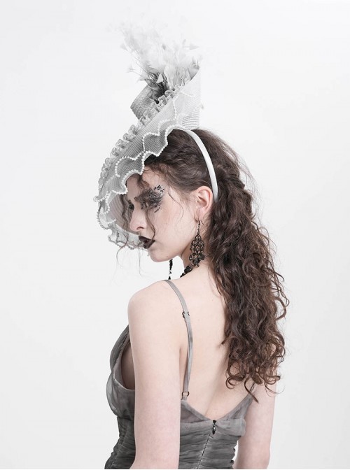Vintage Elegant Gray Lace Ruffle Beaded Decoration Exquisite Three Dimensional Rose Gorgeous Gothic Style Hat
