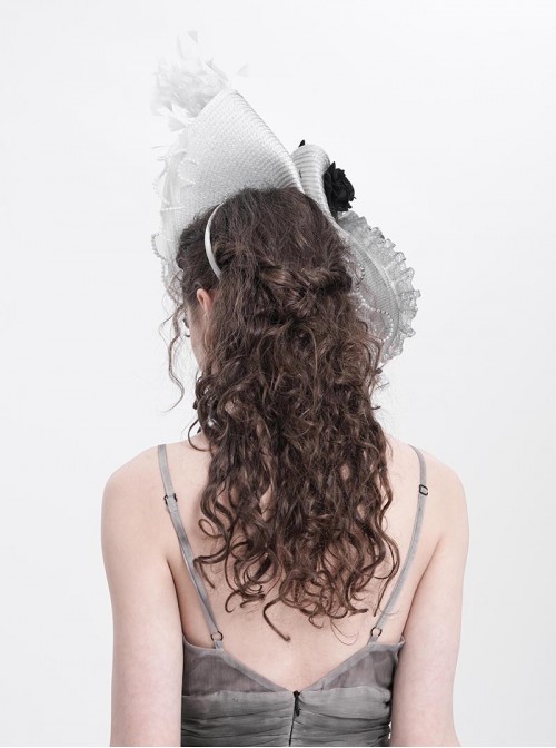 Vintage Elegant Gray Lace Ruffle Beaded Decoration Exquisite Three Dimensional Rose Gorgeous Gothic Style Hat