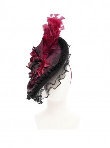 Vintage Gorgeous Red Lace Ruffled Brim Beaded Decoration Three Dimensional Rose Elegant Gothic Style Hat