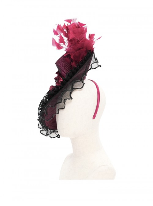 Vintage Gorgeous Red Lace Ruffled Brim Beaded Decoration Three Dimensional Rose Elegant Gothic Style Hat