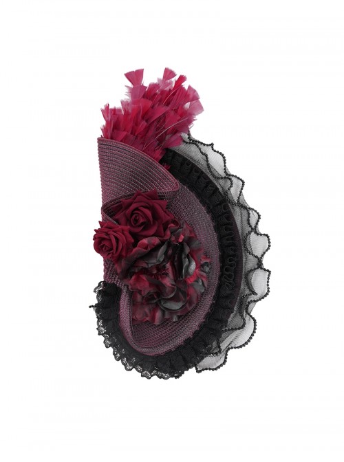 Vintage Gorgeous Red Lace Ruffled Brim Beaded Decoration Three Dimensional Rose Elegant Gothic Style Hat