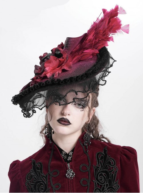 Vintage Gorgeous Red Lace Ruffled Brim Beaded Decoration Three Dimensional Rose Elegant Gothic Style Hat