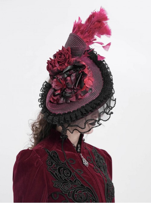Vintage Gorgeous Red Lace Ruffled Brim Beaded Decoration Three Dimensional Rose Elegant Gothic Style Hat