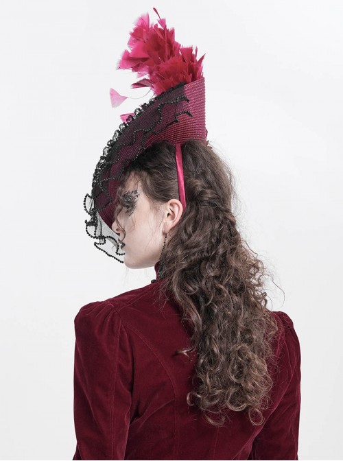 Vintage Gorgeous Red Lace Ruffled Brim Beaded Decoration Three Dimensional Rose Elegant Gothic Style Hat
