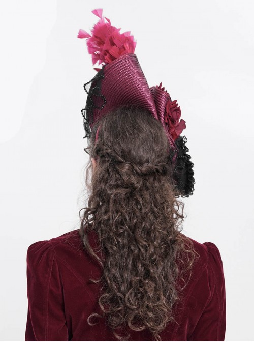 Vintage Gorgeous Red Lace Ruffled Brim Beaded Decoration Three Dimensional Rose Elegant Gothic Style Hat