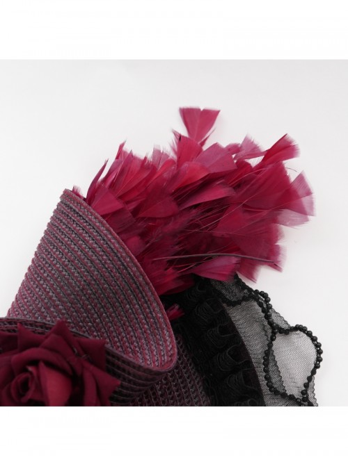Vintage Gorgeous Red Lace Ruffled Brim Beaded Decoration Three Dimensional Rose Elegant Gothic Style Hat
