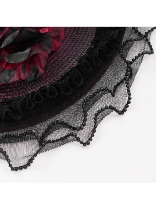 Vintage Gorgeous Red Lace Ruffled Brim Beaded Decoration Three Dimensional Rose Elegant Gothic Style Hat
