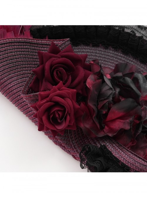 Vintage Gorgeous Red Lace Ruffled Brim Beaded Decoration Three Dimensional Rose Elegant Gothic Style Hat
