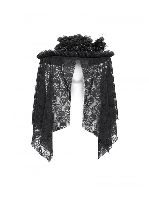 Dark Unique Black Skull Lace Exquisite Ruffle Beaded Decoration Three Dimensional Rose Gothic Style Hat