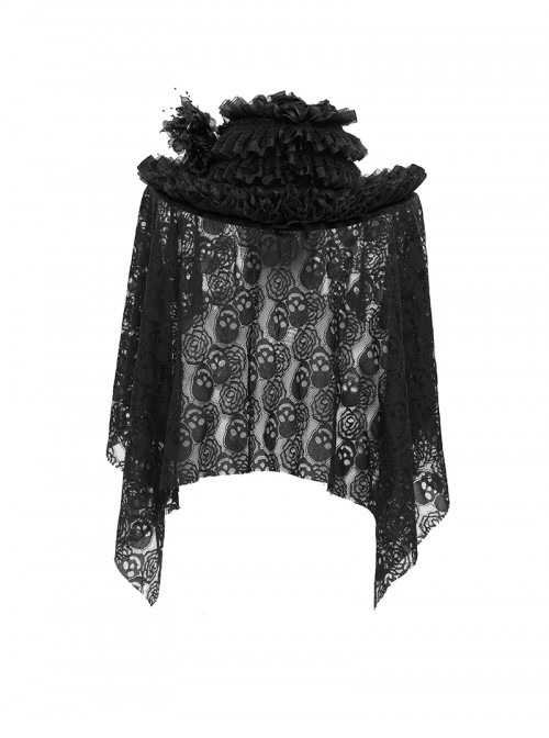 Dark Unique Black Skull Lace Exquisite Ruffle Beaded Decoration Three Dimensional Rose Gothic Style Hat
