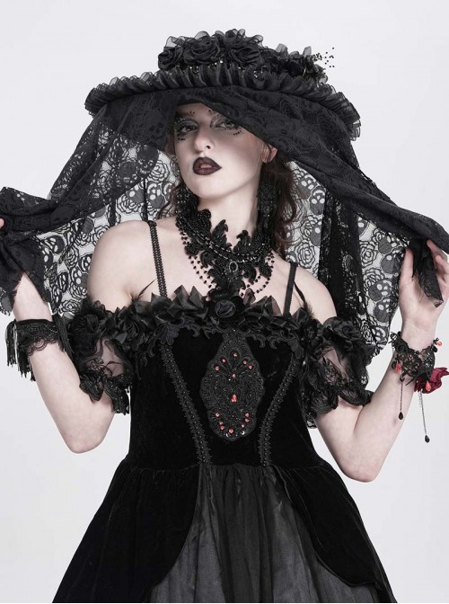 Dark Unique Black Skull Lace Exquisite Ruffle Beaded Decoration Three Dimensional Rose Gothic Style Hat