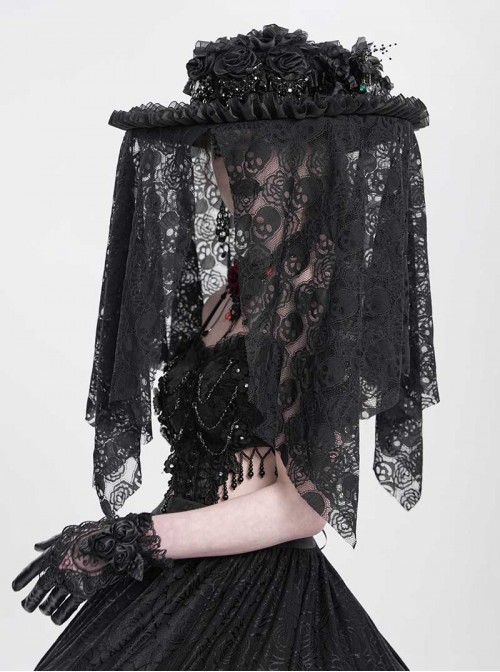 Dark Unique Black Skull Lace Exquisite Ruffle Beaded Decoration Three Dimensional Rose Gothic Style Hat