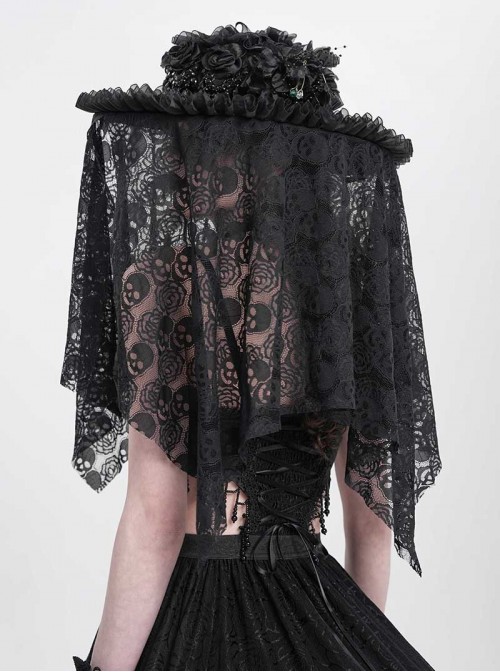 Dark Unique Black Skull Lace Exquisite Ruffle Beaded Decoration Three Dimensional Rose Gothic Style Hat