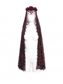 Gorgeous Retro Black Red Mesh Exquisite Gemstone Beads Three Dimensional Rose Metal Bat Gothic Style Veil