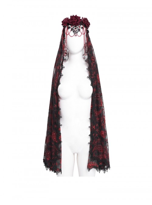 Gorgeous Retro Black Red Mesh Exquisite Gemstone Beads Three Dimensional Rose Metal Bat Gothic Style Veil