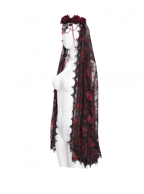 Gorgeous Retro Black Red Mesh Exquisite Gemstone Beads Three Dimensional Rose Metal Bat Gothic Style Veil