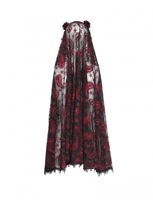Gorgeous Retro Black Red Mesh Exquisite Gemstone Beads Three Dimensional Rose Metal Bat Gothic Style Veil
